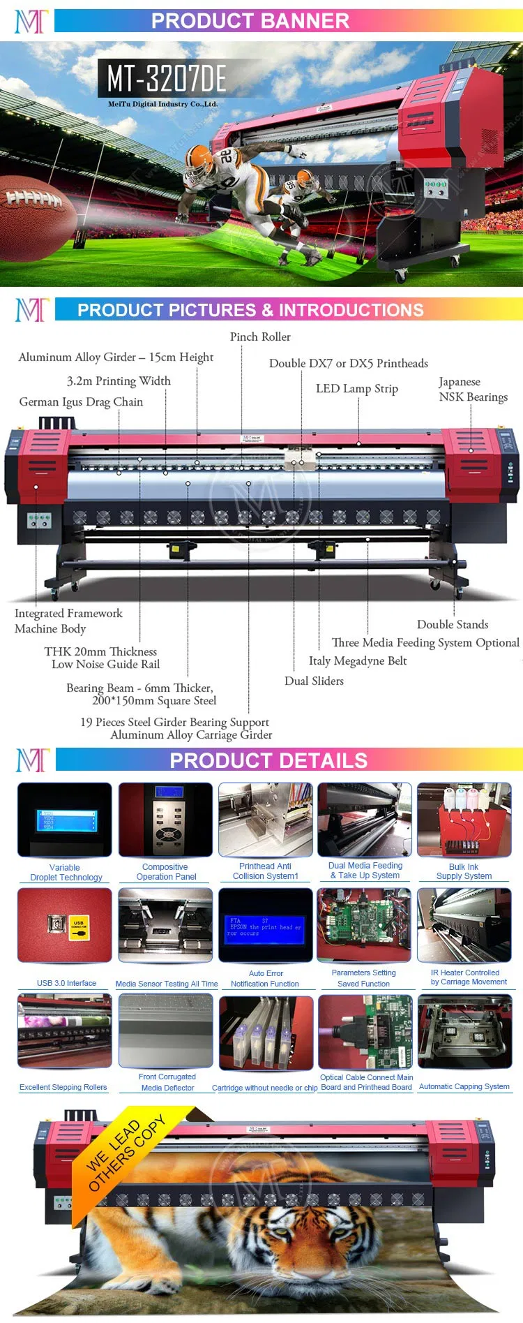 Dx5 Impresoras Eco-Solvent Printer Inkjet Printer 3.2m 1440*1440dpi